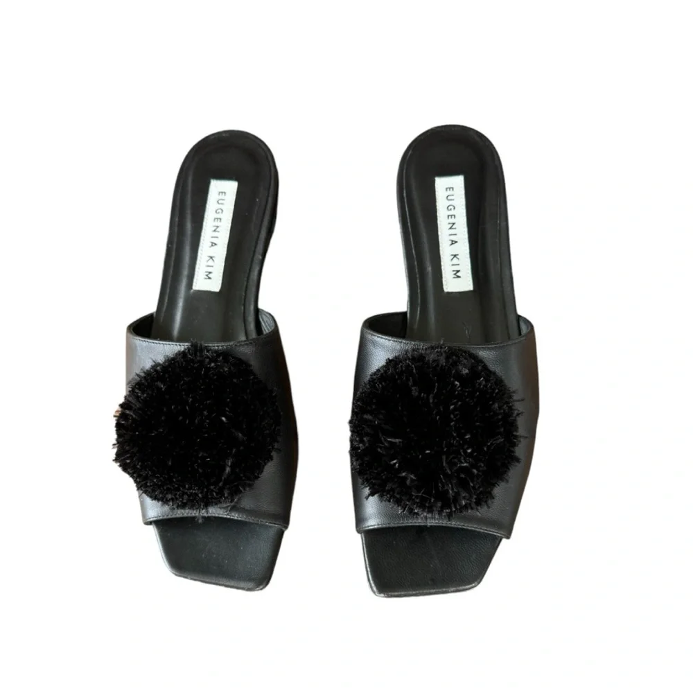 Eugenia Kim Black Leather Slides With Black Large Ostrich Feather Pom Pom Sz 37